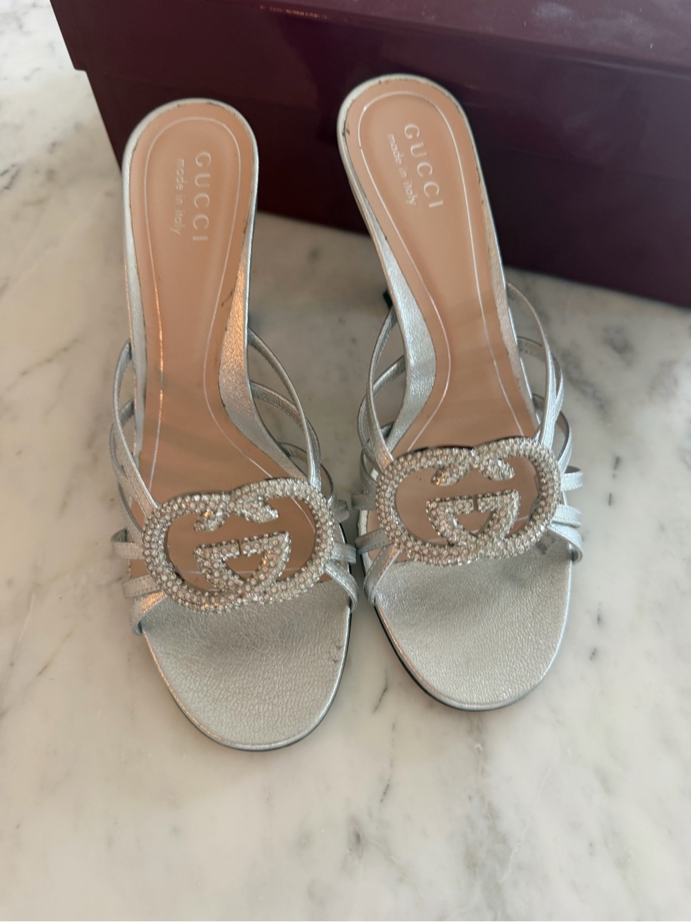 Gucci Silver Crystal Interlocking G Slide Sandals, Size 37, Worn Once